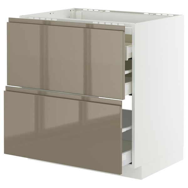 METOD / MAXIMERA Base cab f hob/2 fronts/3 drawers, white/Voxtorp high-gloss dark grey-brown, 80x60 cm