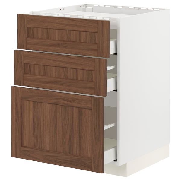 METOD / MAXIMERA Base cab f hob/3 fronts/3 drawers, white Enköping/brown walnut effect, 60x60 cm