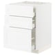 White METOD kitchen unit with three drawers, smooth grain texture, classic design, 18mm thick.