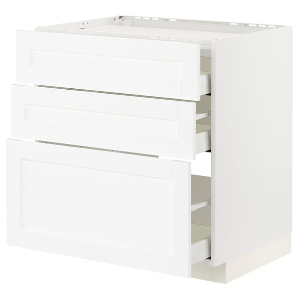 White ikea METOD kitchen unit with three drawers, featuring clean lines and subtle wood grain texture.