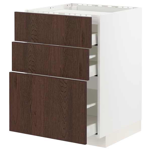 METOD / MAXIMERA Base cab f hob/3 fronts/3 drawers, white/Sinarp brown, 60x60 cm
