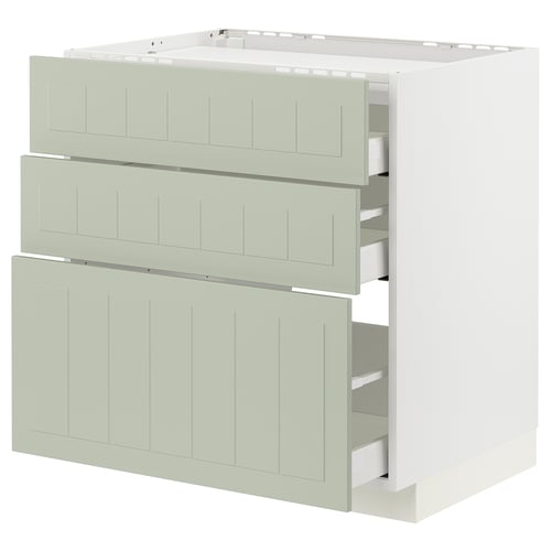 Modern kitchen storage unit, 3 drawer fronts in sage green, white base, rectangular.