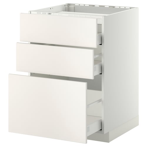 A white METOD kitchen cabinet with three open drawers, featuring a smooth, clean design with a sturdy frame.