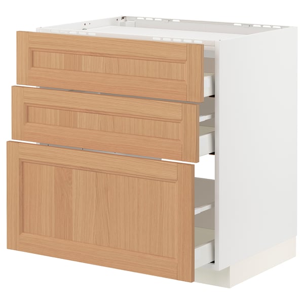 METOD / MAXIMERA Base cab f hob/3 fronts/3 drawers, white/Vedhamn oak, 80x60 cm