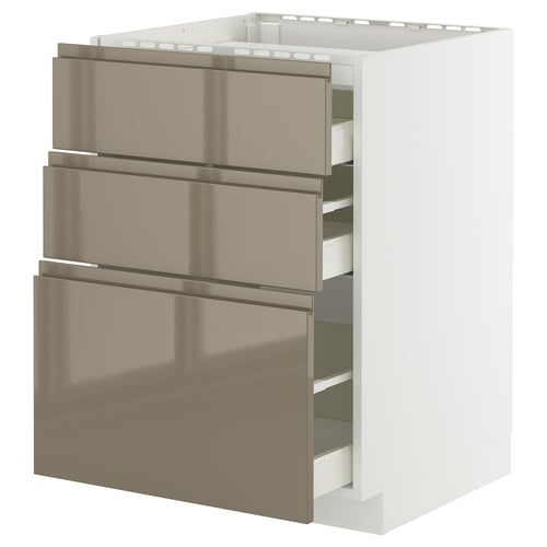 A METOD kitchen unit with high-gloss dark grey-brown drawers. It three pull-out drawers with integrated handles, set in a white base cabinet frame.