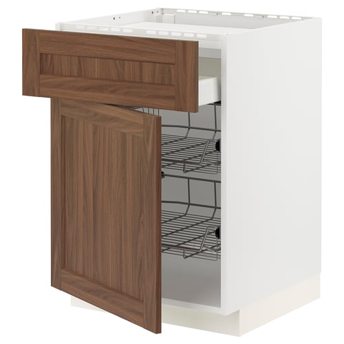 An open METOD kitchen cabinet with walnut-colored wood effect and white edges. It has multiple wire shelves.