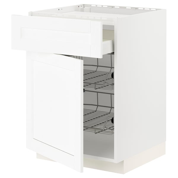 A white METOD kitchen cabinet with a drawer and shelves.