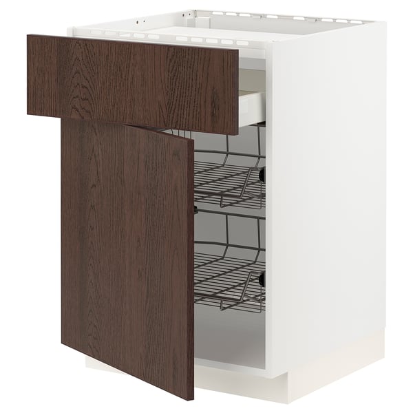 METOD / MAXIMERA Base cab f hob/drawer/2 wire bskts, white/Sinarp brown, 60x60 cm