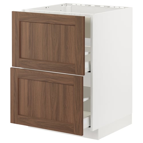 Walnut-colored METOD kitchen cabinet with white frame and pull-out drawers.