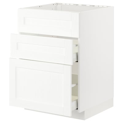 A white METOD kitchen cabinet with wooden texture. It three drawers and a door.