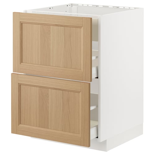 A white METOD kitchen cabinet with two oak drawers. The drawers have a smooth, wooden finish and the cabinet is modern and rectangular.