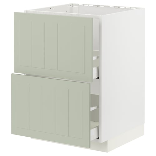 A METOD kitchen cabinet with green stensund fronts, featuring two drawers and two double doors.