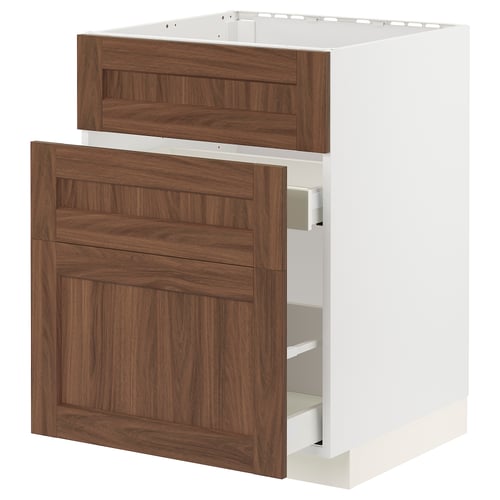 METOD kitchen cabinet - white & walnut, rectangular, three-tiered design with smooth fronts and drawers.
