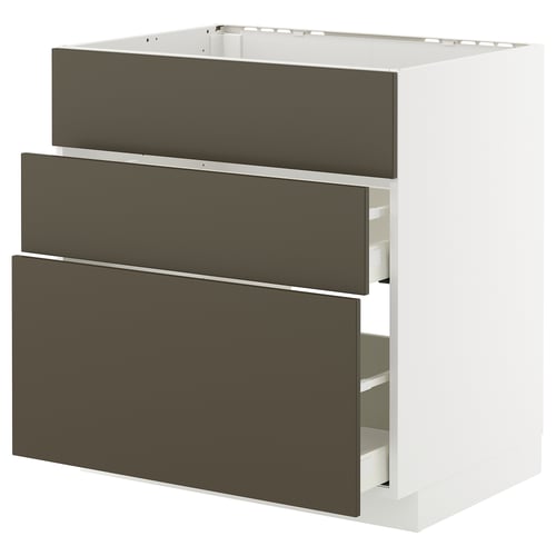 Ikea METOD kitchen unit, white and dark brown, three drawers.