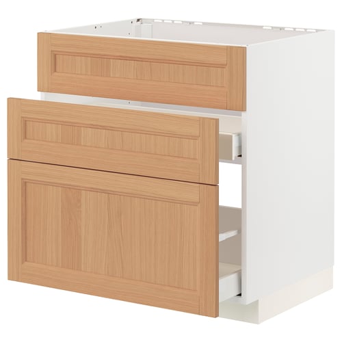 Modern kitchen unit with 3 light oak drawers and white cabinet, smooth edges, durable design.