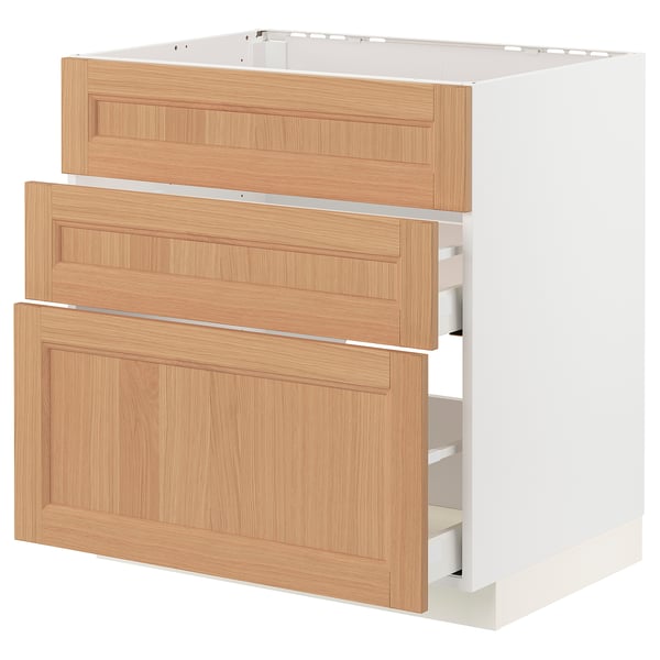 METOD / MAXIMERA Base cab f sink+3 fronts/2 drawers, white/Vedhamn oak, 80x60 cm