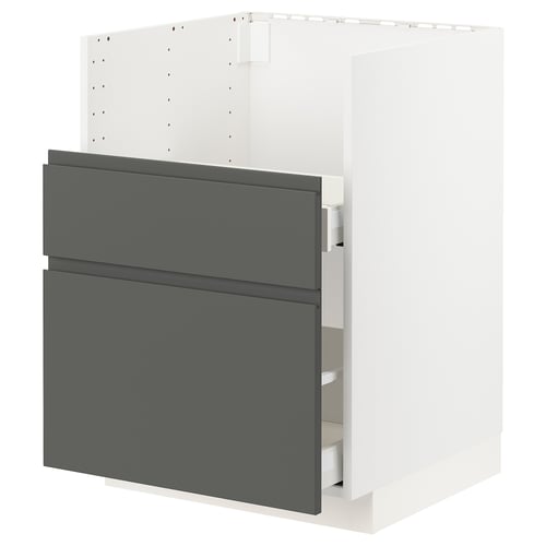 Displays a dark grey modern kitchen cabinet with sleek integrated handles. Its part of the METOD system, offering a smooth and calming aesthetic.