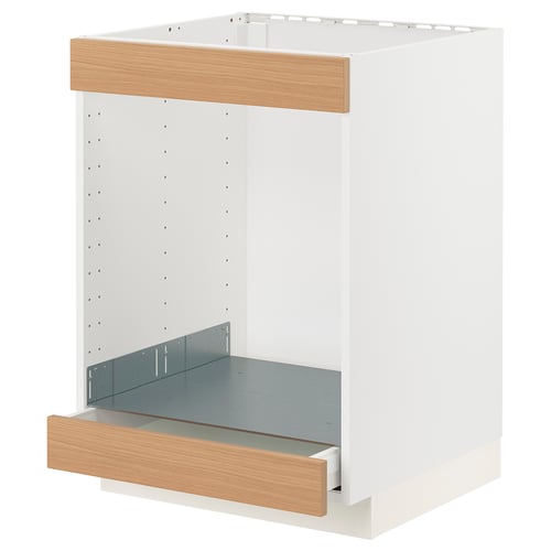 METOD kitchen unit, white, oak trim, open shelf, metal drawer.