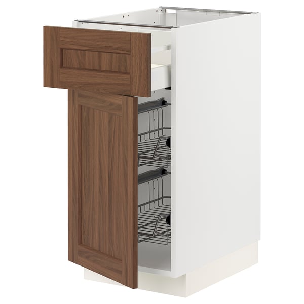 METOD / MAXIMERA Base cab w wire basket/drawer/door, white Enköping/brown walnut effect, 40x60 cm