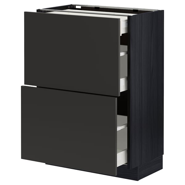 METOD / MAXIMERA Base cab with 2 fronts/3 drawers, black/Nickebo matt anthracite, 60x37 cm