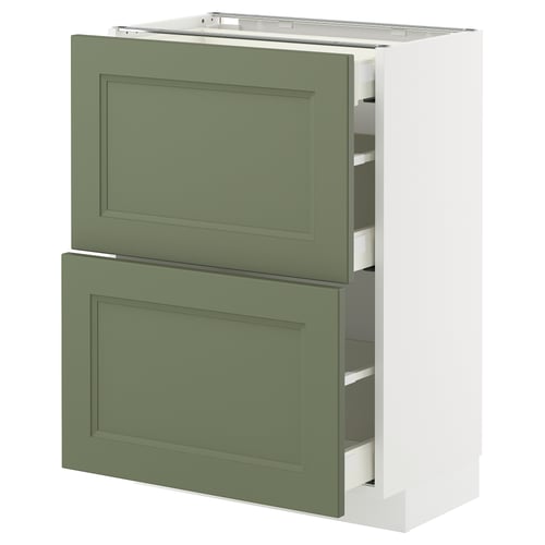 METOD kitchen cabinet in grey-green with two drawers, white frame, sturdy, modern design.