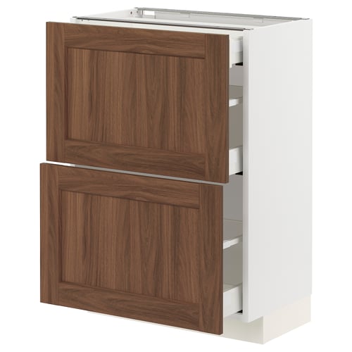 Modern kitchen cabinet, METOD, white & walnut, with multiple drawers.