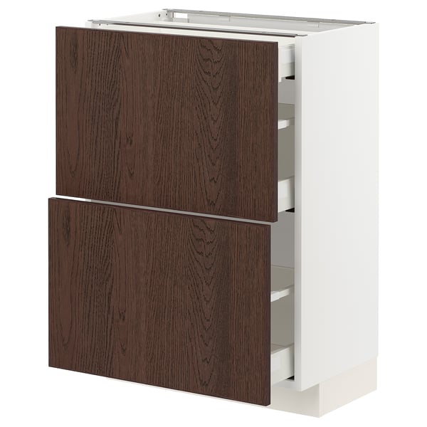METOD / MAXIMERA Base cab with 2 fronts/3 drawers, white/Sinarp brown, 60x37 cm