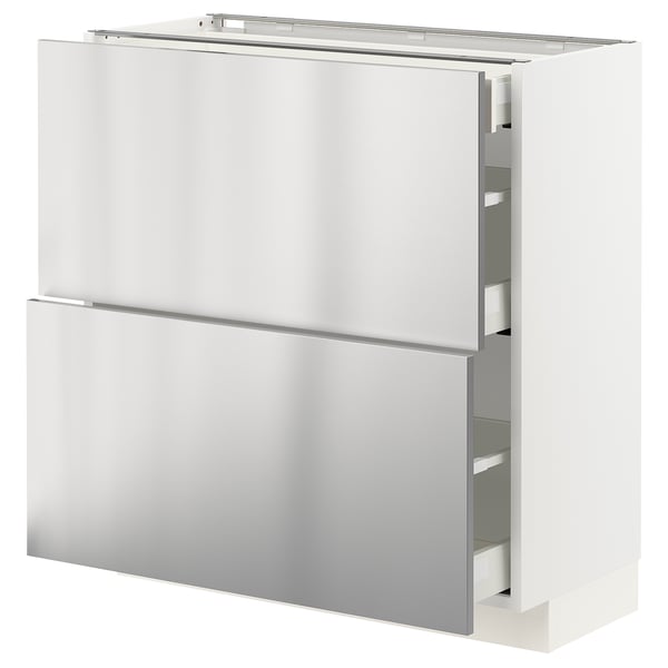 METOD / MAXIMERA Base cab with 2 fronts/3 drawers, white/Vårsta stainless steel, 80x37 cm