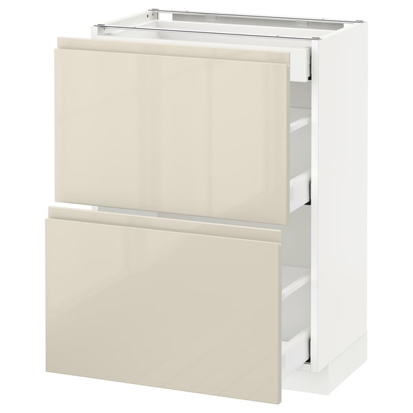 METOD / MAXIMERA Base cab with 2 fronts/3 drawers, white/Voxtorp high-gloss light beige, 60x37 cm