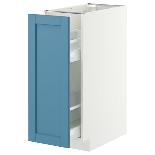 White and blue kitchen cabinet with pull-out drawer, modern design.