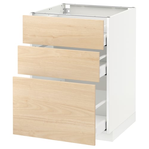 White METOD cabinet with 3 ashwood drawers, partially open.
