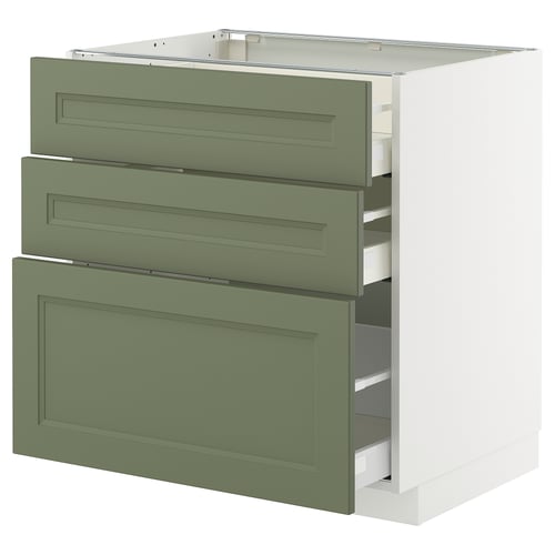 New METOD kitchen unit in grey-green with three drawers. Modern, sleek, and practical design.