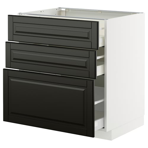METOD kitchen unit with black bevelled drawers, white sides, modern design, sturdy and functional.