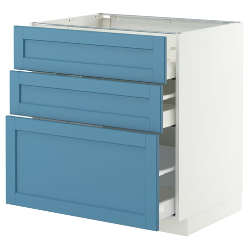 Blue 3-drawer cabinet, modern design, white frame, smooth runners, sturdy birch & fiberboard.