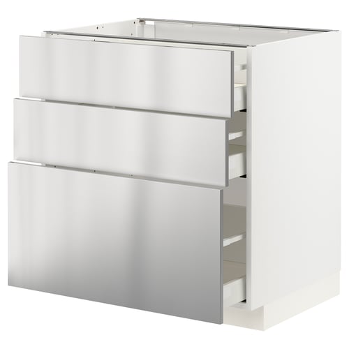 Stainless steel METOD kitchen cabinet with multiple drawers.