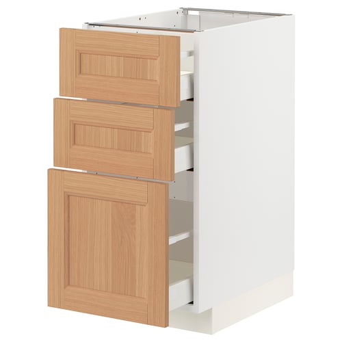 METOD cabinet: white base, oak drawers, 3 drawers, modern