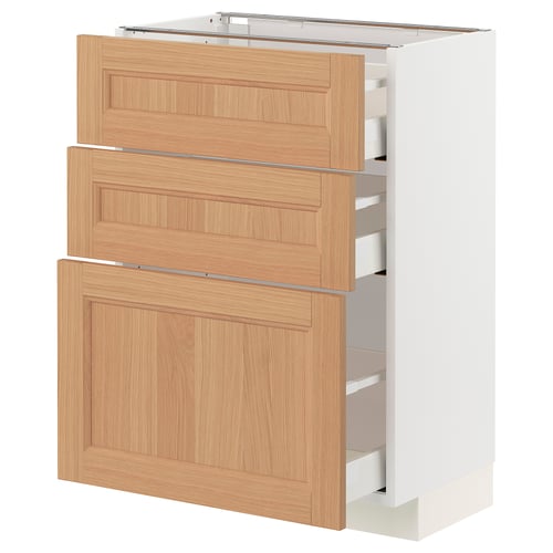 White and wood three-drawer kitchen cabinet, sleek design, robust construction.