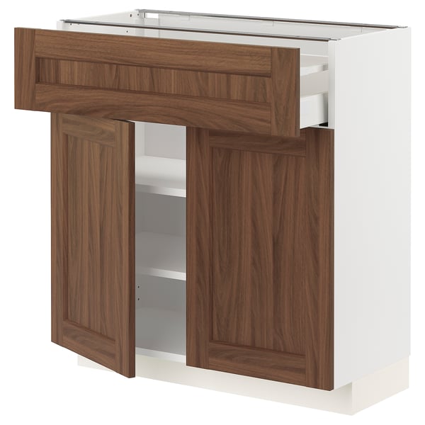 METOD / MAXIMERA Base cabinet with drawer/2 doors, white Enköping/brown walnut effect, 80x37 cm
