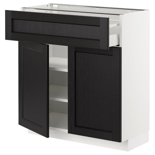 Modern black & white kitchen cabinet with dark stained wooden doors & drawer, adjustable shelves.
