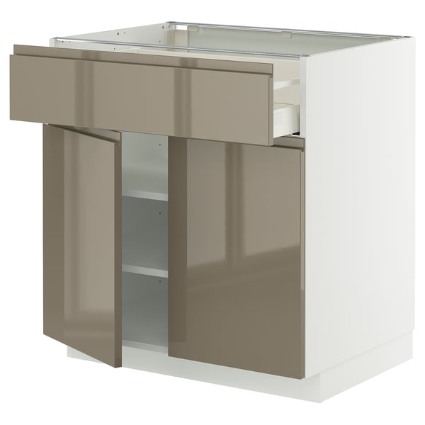 METOD / MAXIMERA Base cabinet with drawer/2 doors, white/Voxtorp high-gloss dark grey-brown, 80x60 cm