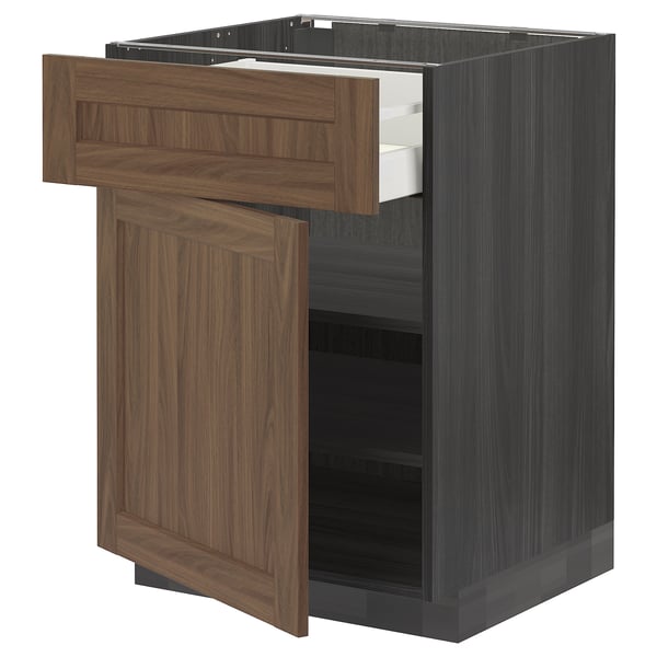 METOD / MAXIMERA Base cabinet with drawer/door, black Enköping/brown walnut effect, 60x60 cm