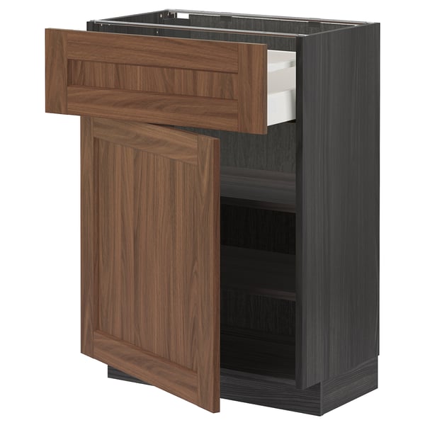METOD / MAXIMERA Base cabinet with drawer/door, black Enköping/brown walnut effect, 60x37 cm