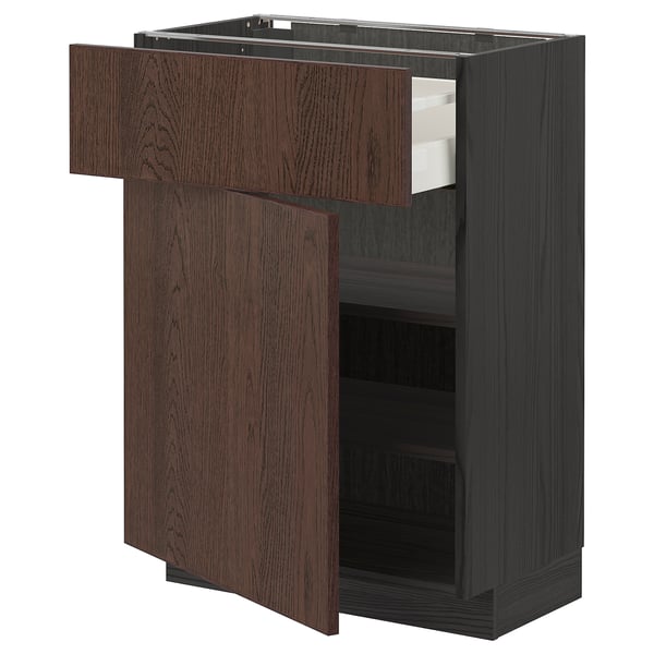 METOD / MAXIMERA Base cabinet with drawer/door, black/Sinarp brown, 60x37 cm