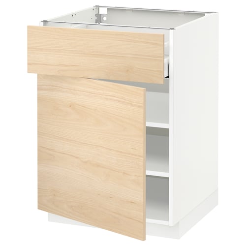 METOD kitchen cabinet, light ash wood, white, box-shaped with drawer, modern design.