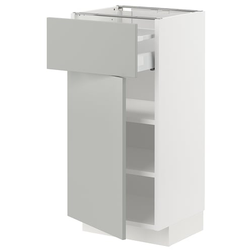 METOD, white cabinet, light grey with open drawer, modern clean design, 25-year guarantee.