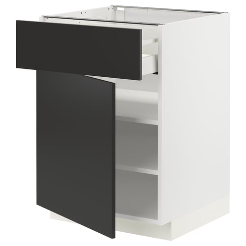 Modern kitchen cabinet in white with black drawer, sleek design, adjustable shelves, and self-closing drawer.