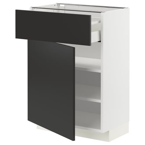 Modern white METOD kitchen cabinet with black drawer and door, sleek design, adjustable shelves.