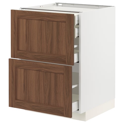 A METOD kitchen cabinet with walnut finish and two drawers.