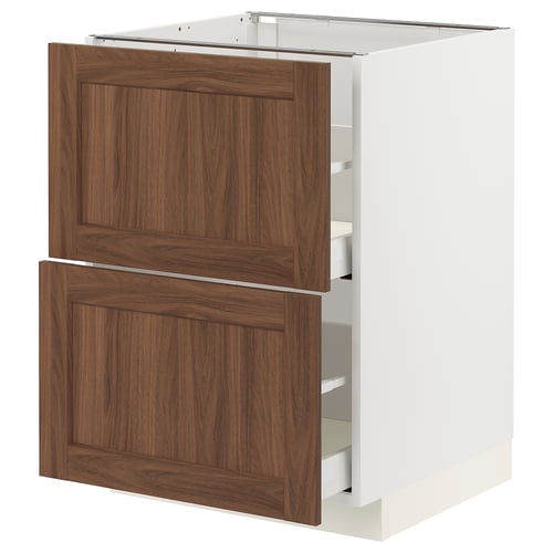 White kitchen cabinet with walnut drawers, two drawers, wooden texture.
