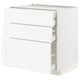 White kitchen cabinet, three drawers, modern design, sturdy frame, smooth sliding.